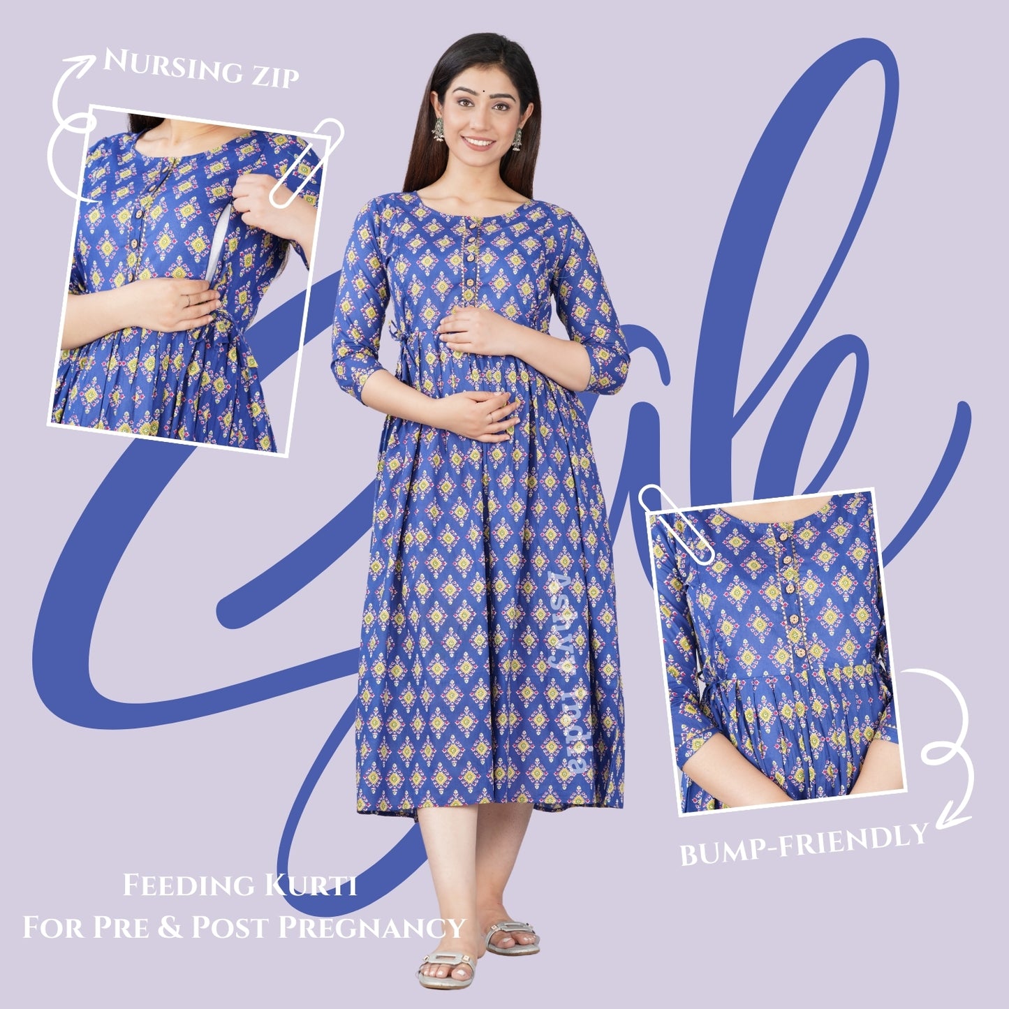 Ashvy Premium Cotton Anarkali Feeding & Maternity Kurti โ 48 Inch Length, 2 Side Zips All-Day Comfort for Moms Blue