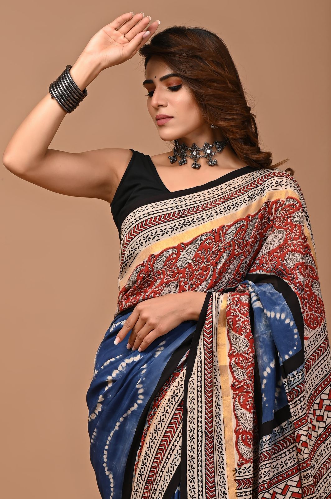 Ashvy Exclusive Hand Block Printed Viscose Blend Assam Silk Saree with Cotton Silk Finish