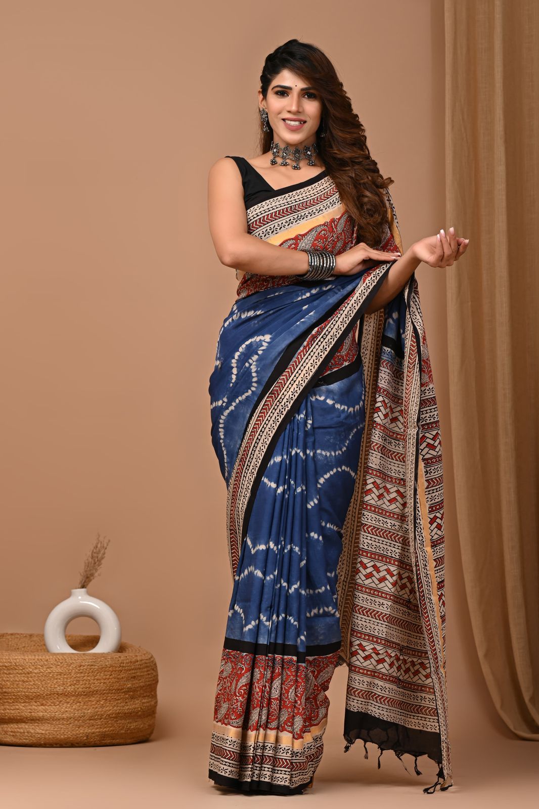 Ashvy Exclusive Hand Block Printed Viscose Blend Assam Silk Saree with Cotton Silk Finish