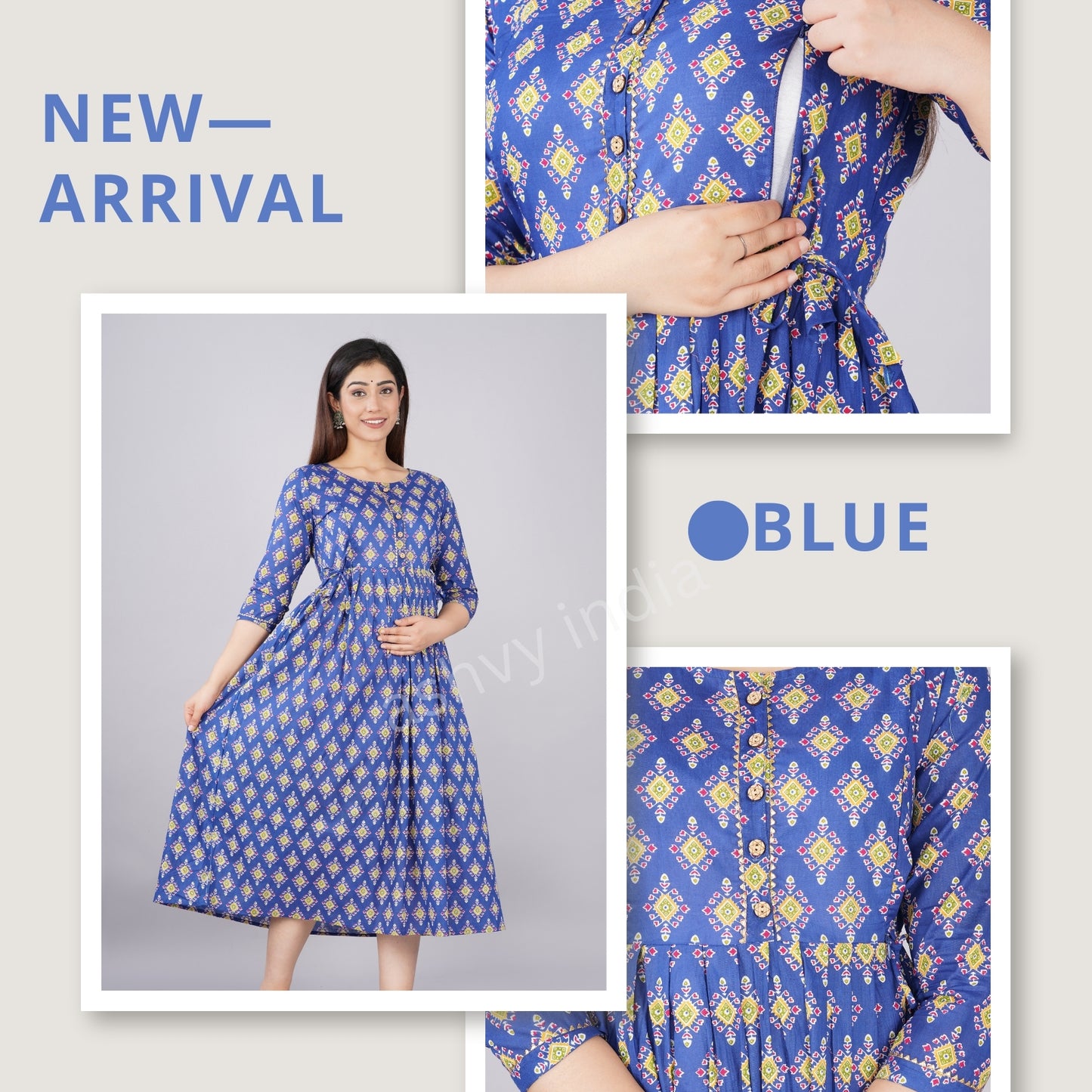 Ashvy Premium Cotton Anarkali Feeding & Maternity Kurti โ 48 Inch Length, 2 Side Zips All-Day Comfort for Moms Blue