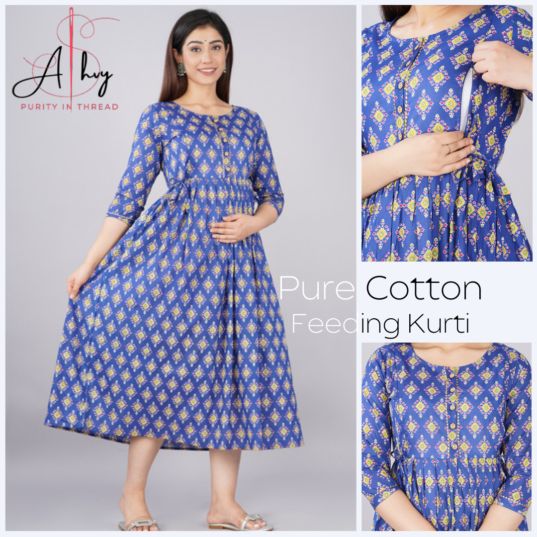 Ashvy Premium Cotton Anarkali Feeding & Maternity Kurti โ 48 Inch Length, 2 Side Zips All-Day Comfort for Moms Blue