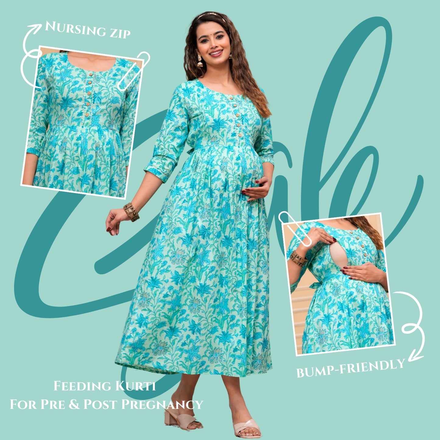 Ashvy Premium Cotton Anarkali Feeding & Maternity Kurti โ 48 Inch Length, 2 Side Zips All-Day Comfort for Moms (Sky Blue)