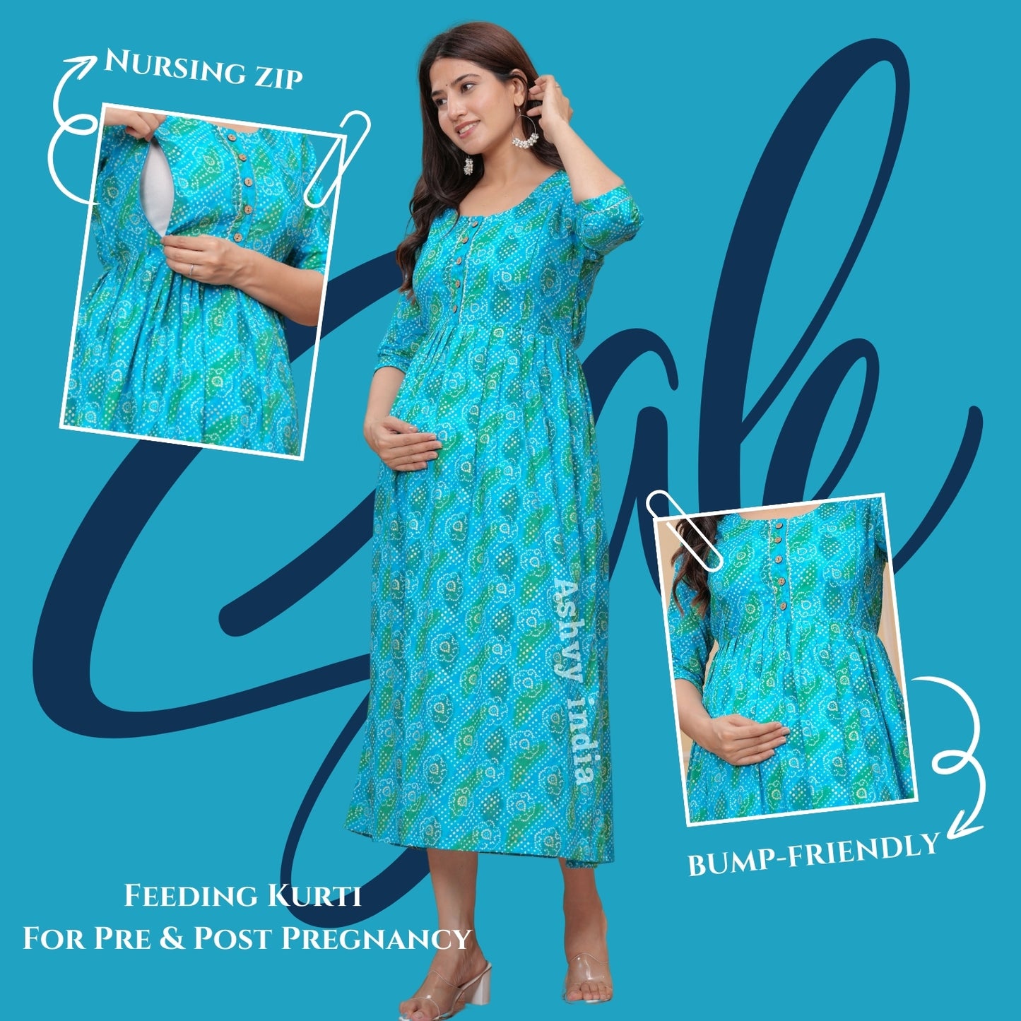 Ashvy Premium Cotton Anarkali Feeding & Maternity Kurti โ 48 Inch Length, 2 Side Zips All-Day Comfort for Moms Blue