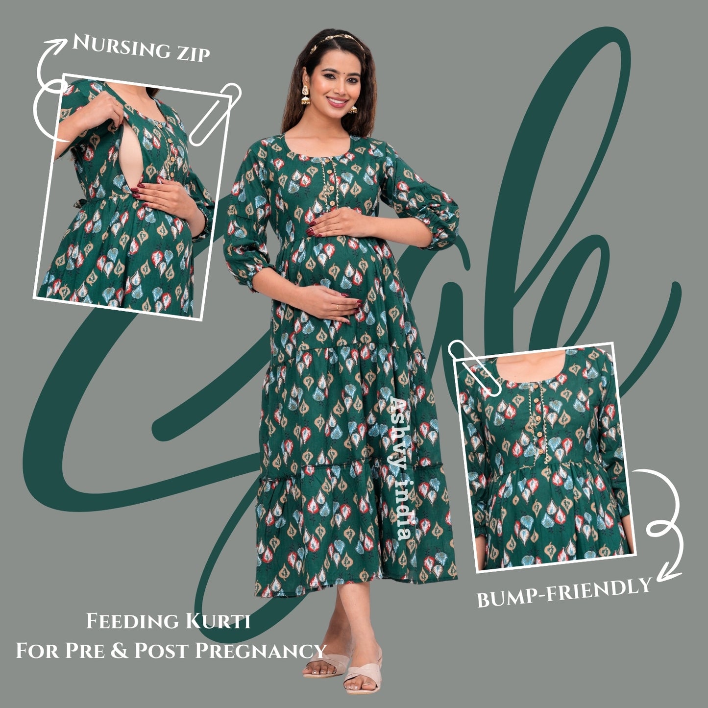 Ashvy Premium Cotton Anarkali Feeding & Maternity Kurti โ 48 Inch Length, 2 Side Zips All-Day Comfort for Moms (Green)