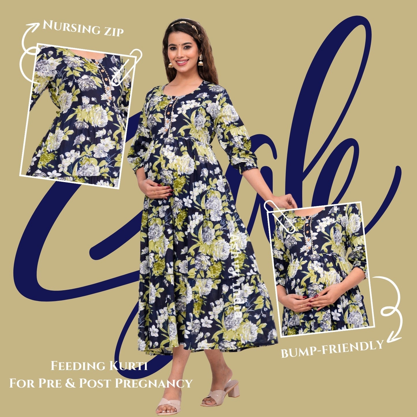 Ashvy Premium Cotton Anarkali Feeding & Maternity Kurti โ 48 Inch Length, 2 Side Zips All-Day Comfort for Moms (Dark Blue with Green)