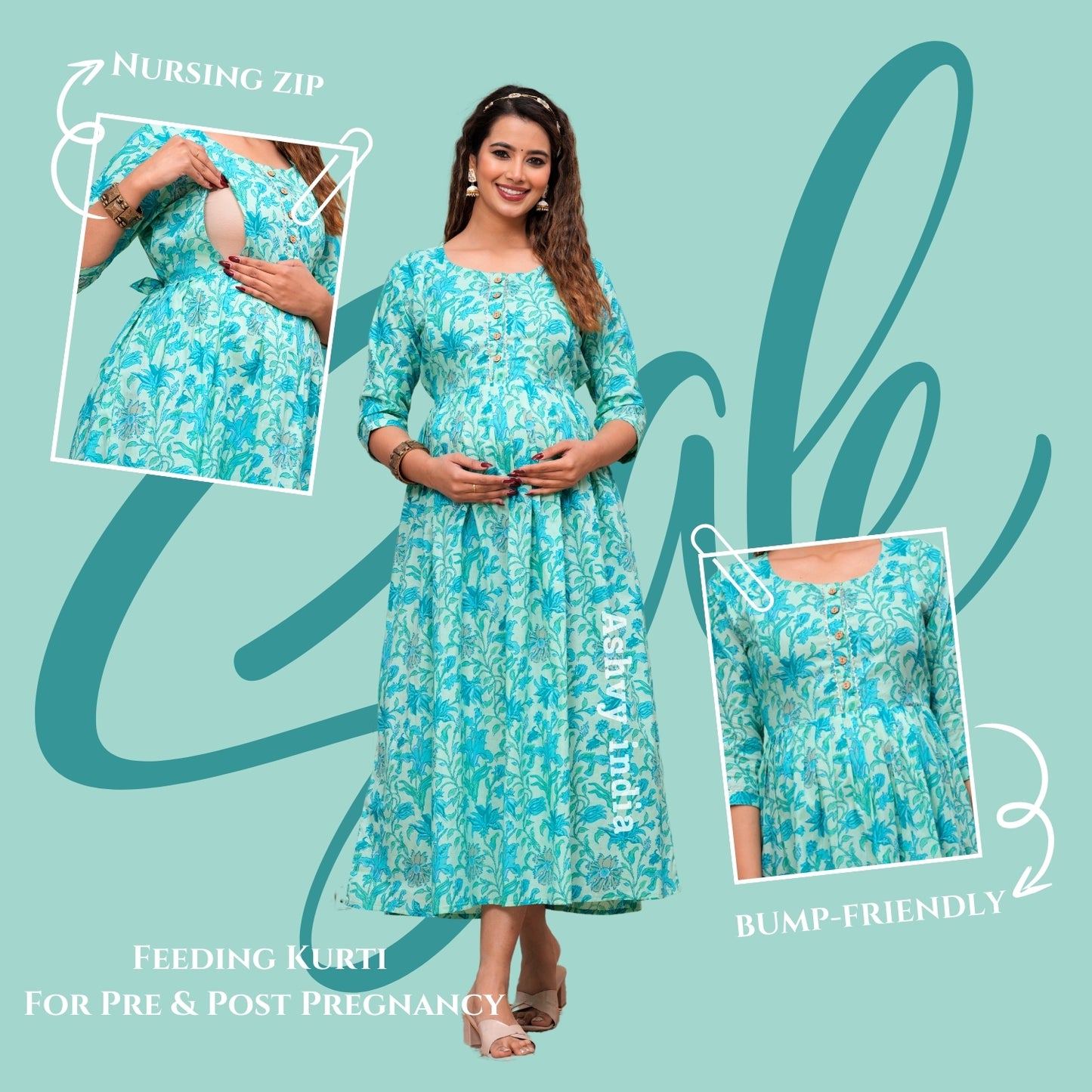 Ashvy Premium Cotton Anarkali Feeding & Maternity Kurti โ 48 Inch Length, 2 Side Zips All-Day Comfort for Moms (Green)