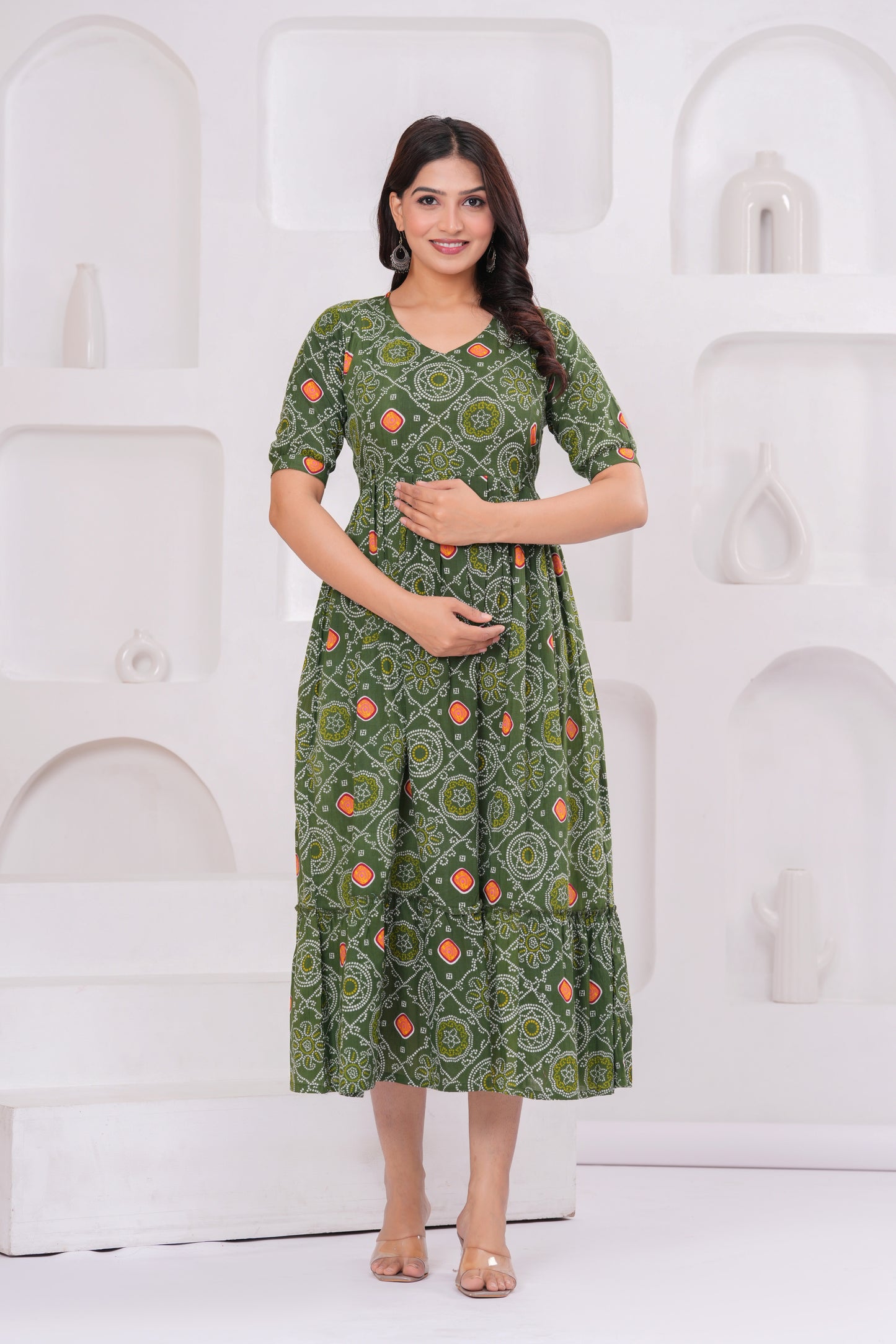 Ashvy Premium Cotton Anarkali Feeding & Maternity Kurti โ 48 Inch Length, 2 Side Zips All-Day Comfort for Moms (Green)