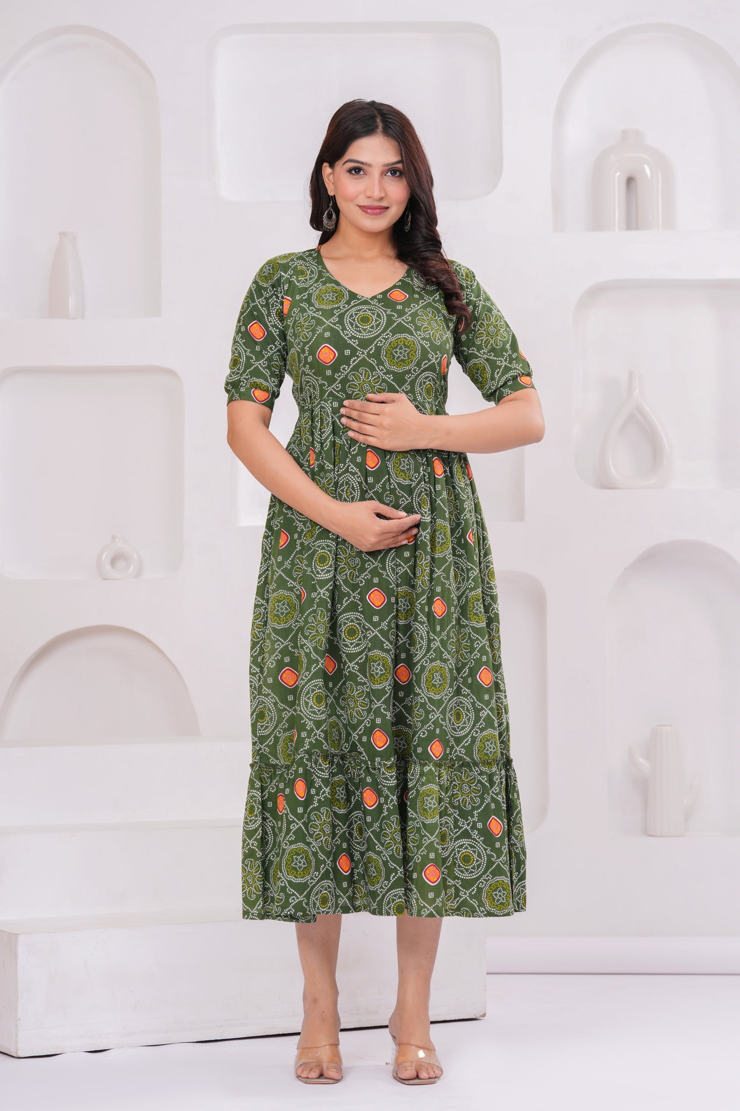 Ashvy Premium Cotton Anarkali Feeding & Maternity Kurti โ 48 Inch Length, 2 Side Zips All-Day Comfort for Moms (Green)