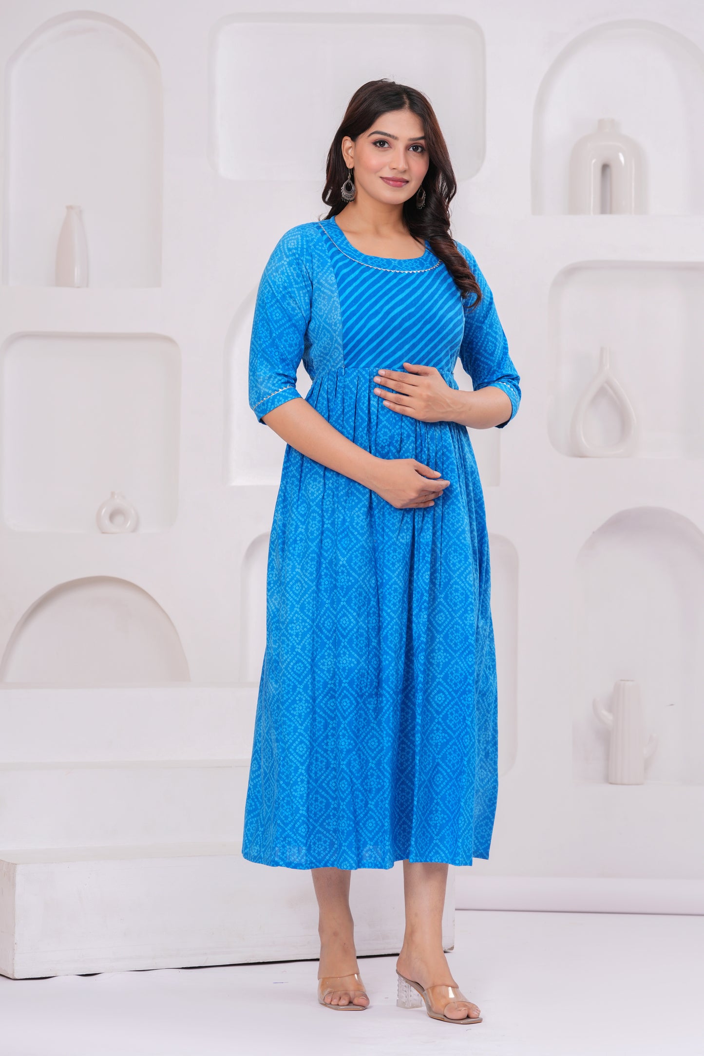 Ashvy Premium Cotton Anarkali Feeding & Maternity Kurti โ 48 Inch Length, 2 Side Zips All-Day Comfort for Moms (Blue)