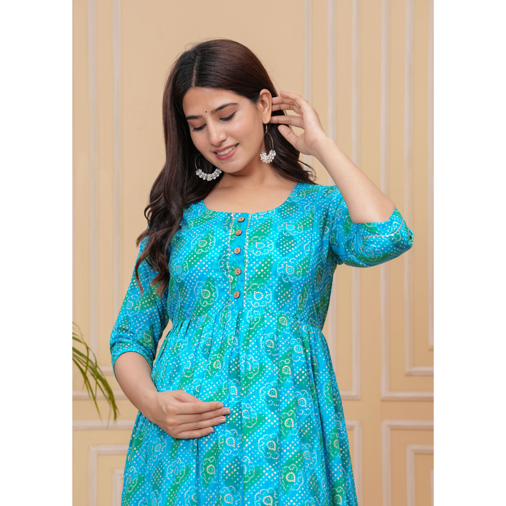 Ashvy Premium Cotton Anarkali Feeding & Maternity Kurti โ 48 Inch Length, 2 Side Zips All-Day Comfort for Moms Blue