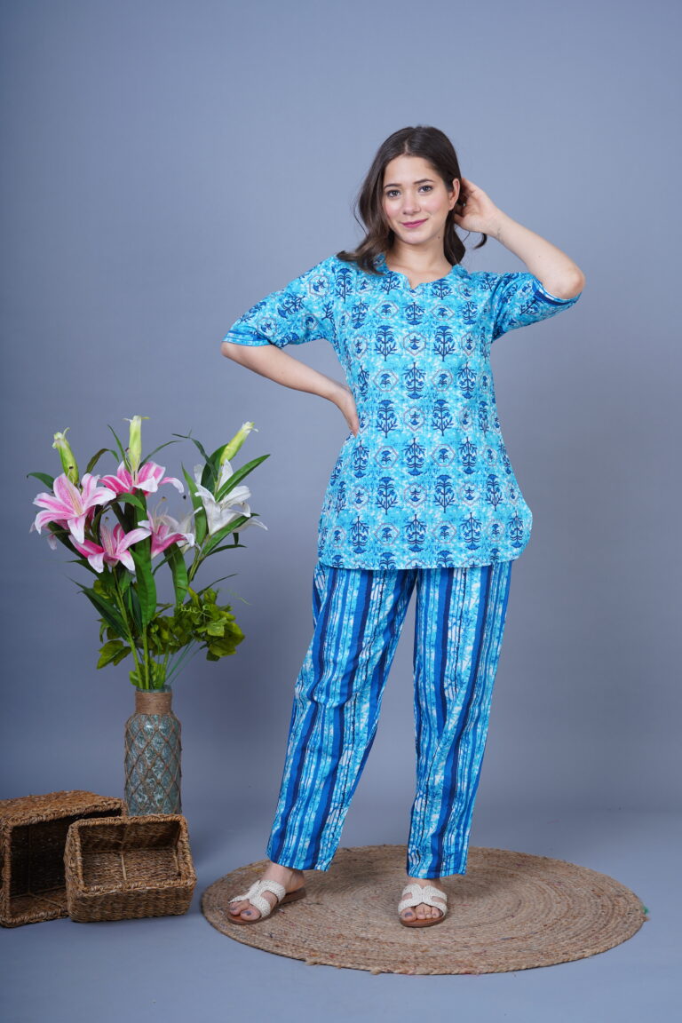 Ashvy Cotton Night Suit Set of Kurti Pyjama Blue Floral Print Ashvy India