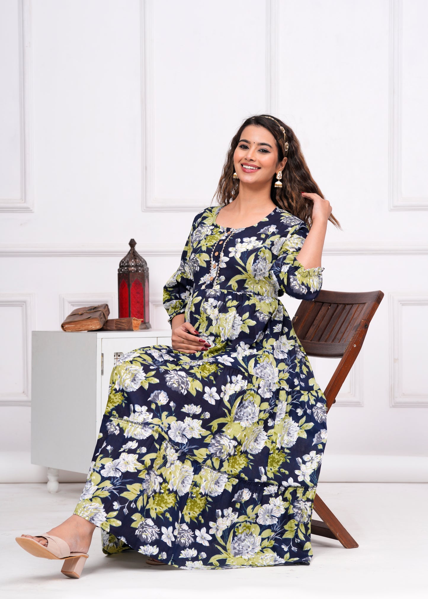Ashvy Premium Cotton Anarkali Feeding & Maternity Kurti โ 48 Inch Length, 2 Side Zips All-Day Comfort for Moms (Dark Blue with Green)