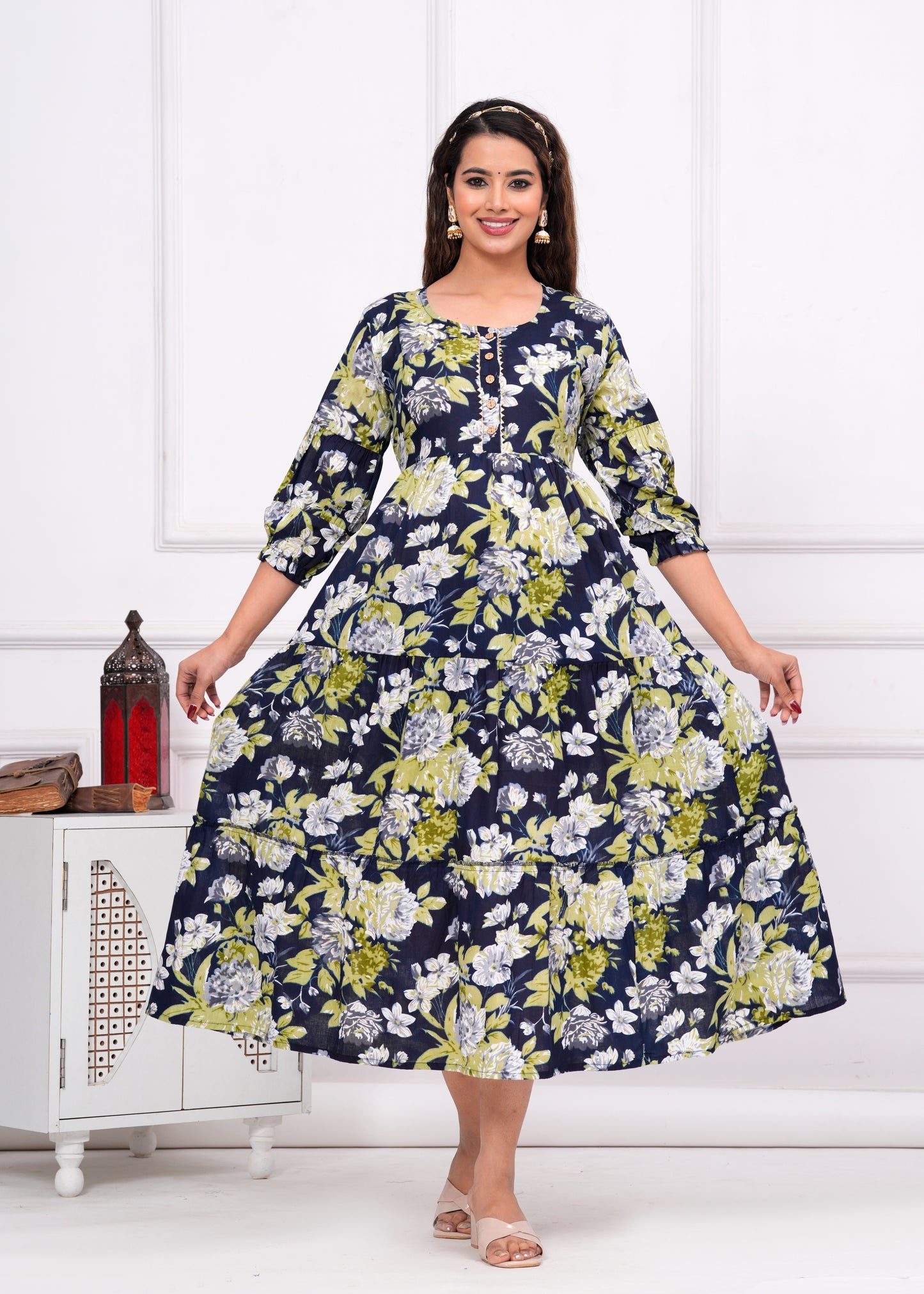 Ashvy Premium Cotton Anarkali Feeding & Maternity Kurti โ 48 Inch Length, 2 Side Zips All-Day Comfort for Moms (Dark Blue with Green)