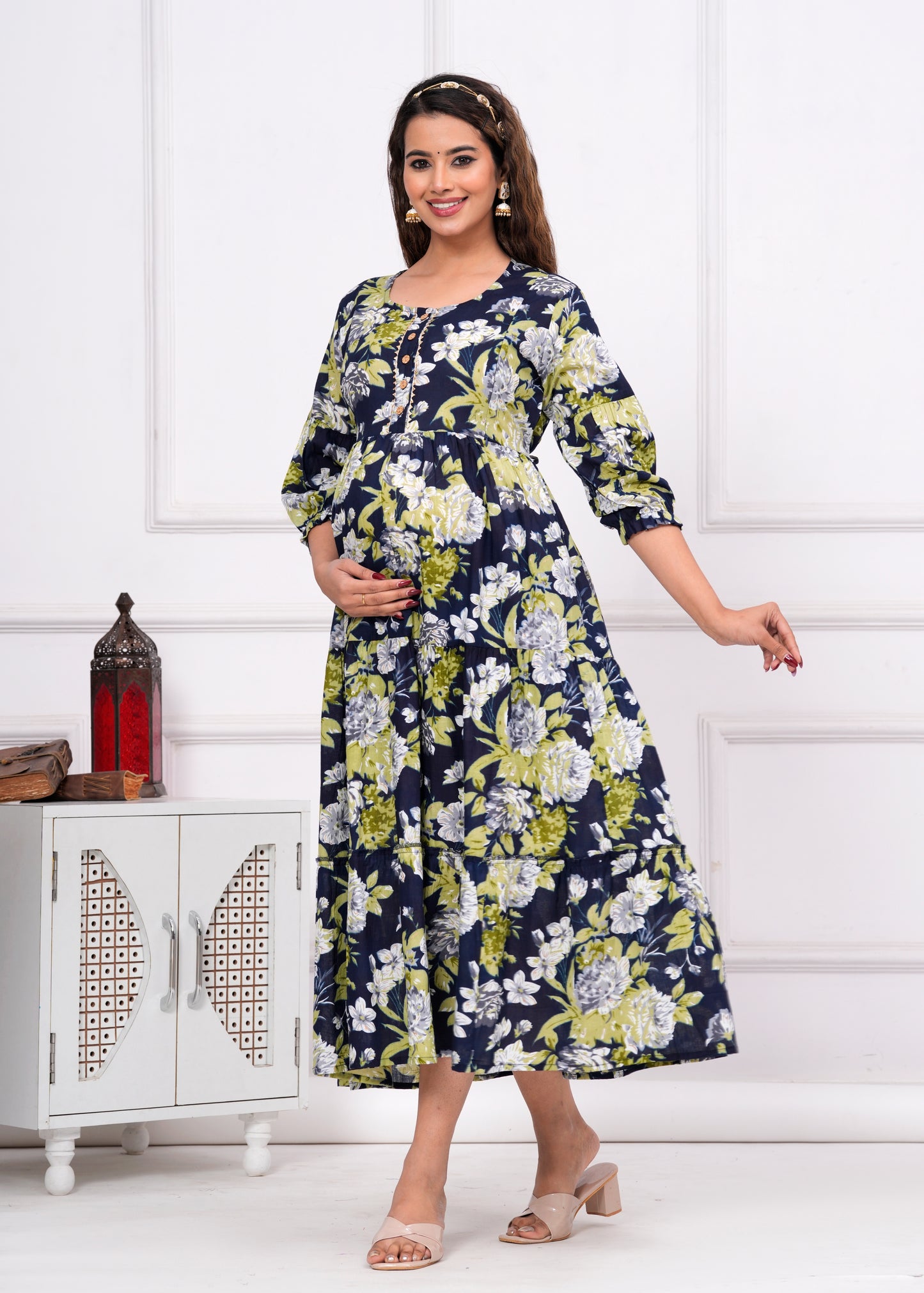 Ashvy Premium Cotton Anarkali Feeding & Maternity Kurti โ 48 Inch Length, 2 Side Zips All-Day Comfort for Moms (Dark Blue with Green)