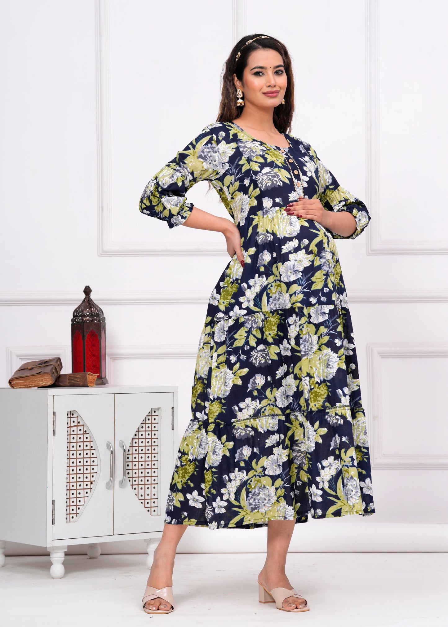 Ashvy Premium Cotton Anarkali Feeding & Maternity Kurti โ 48 Inch Length, 2 Side Zips All-Day Comfort for Moms (Dark Blue with Green)