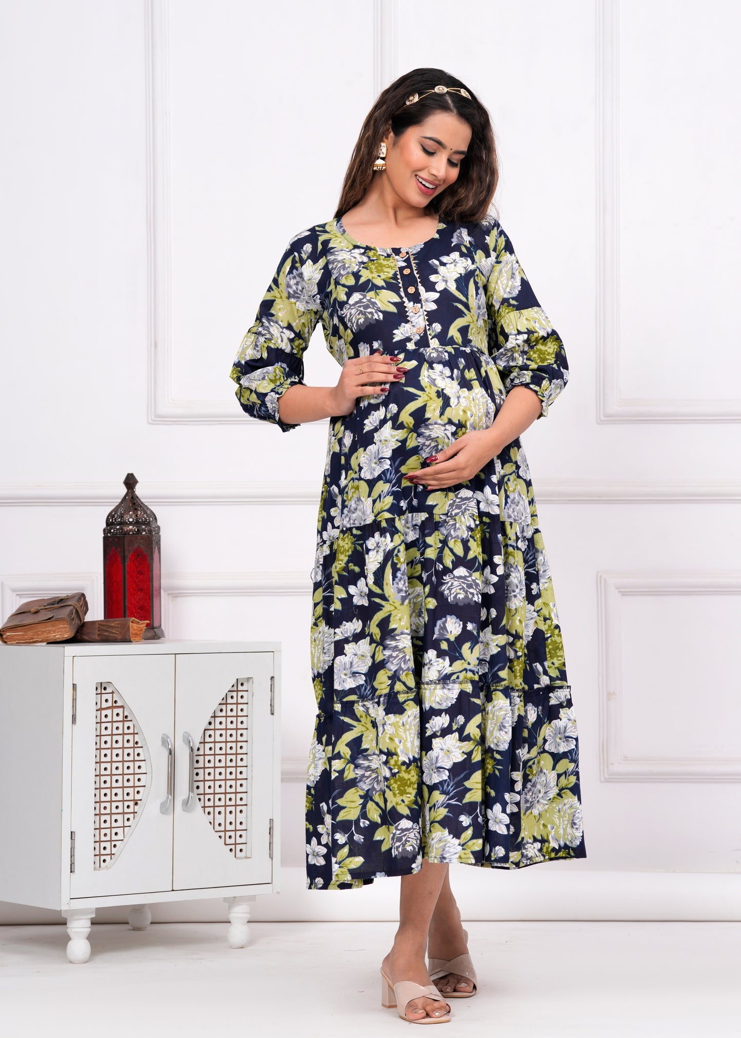 Ashvy Premium Cotton Anarkali Feeding & Maternity Kurti โ 48 Inch Length, 2 Side Zips All-Day Comfort for Moms (Dark Blue with Green)