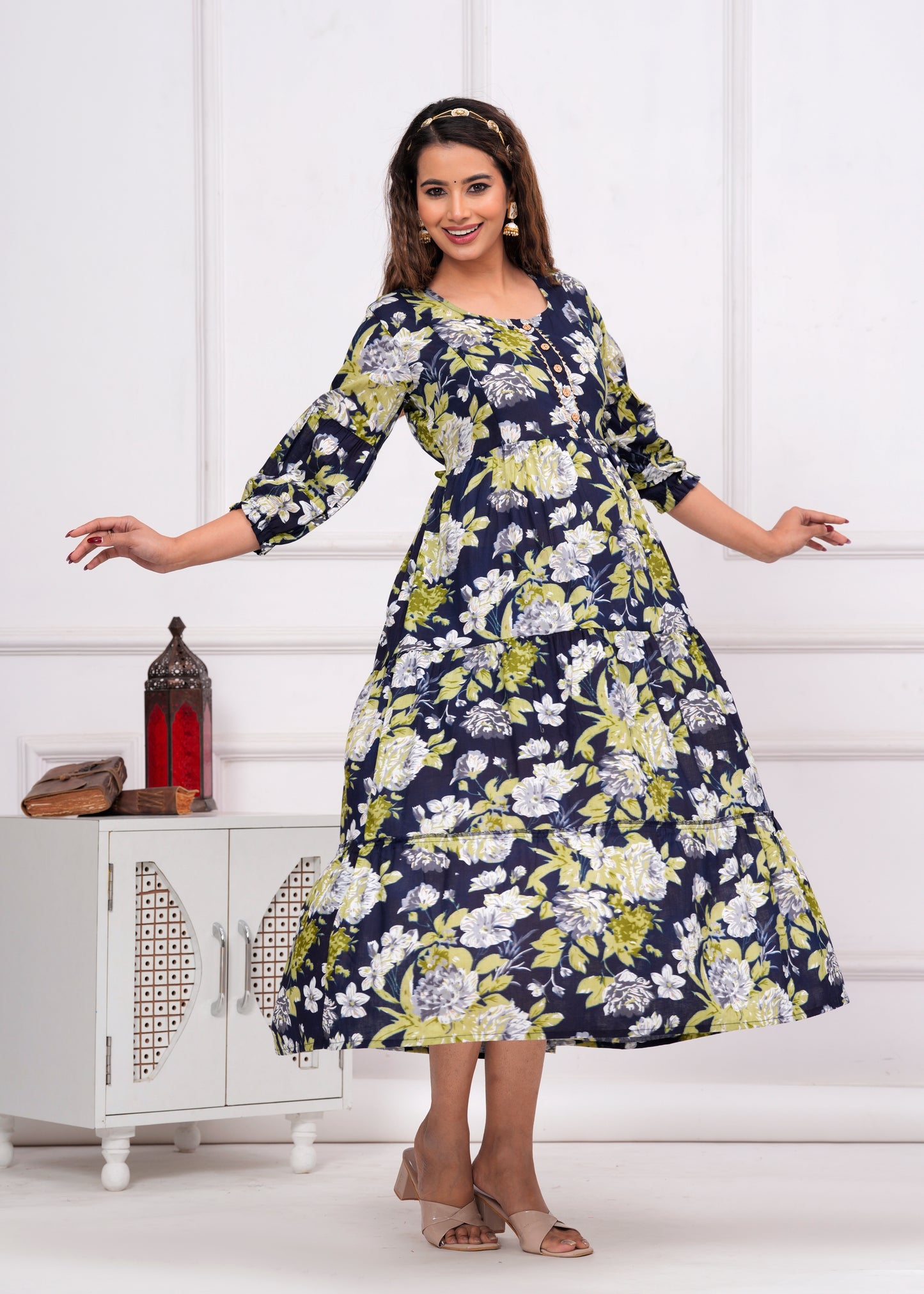 Ashvy Premium Cotton Anarkali Feeding & Maternity Kurti โ 48 Inch Length, 2 Side Zips All-Day Comfort for Moms (Dark Blue with Green)