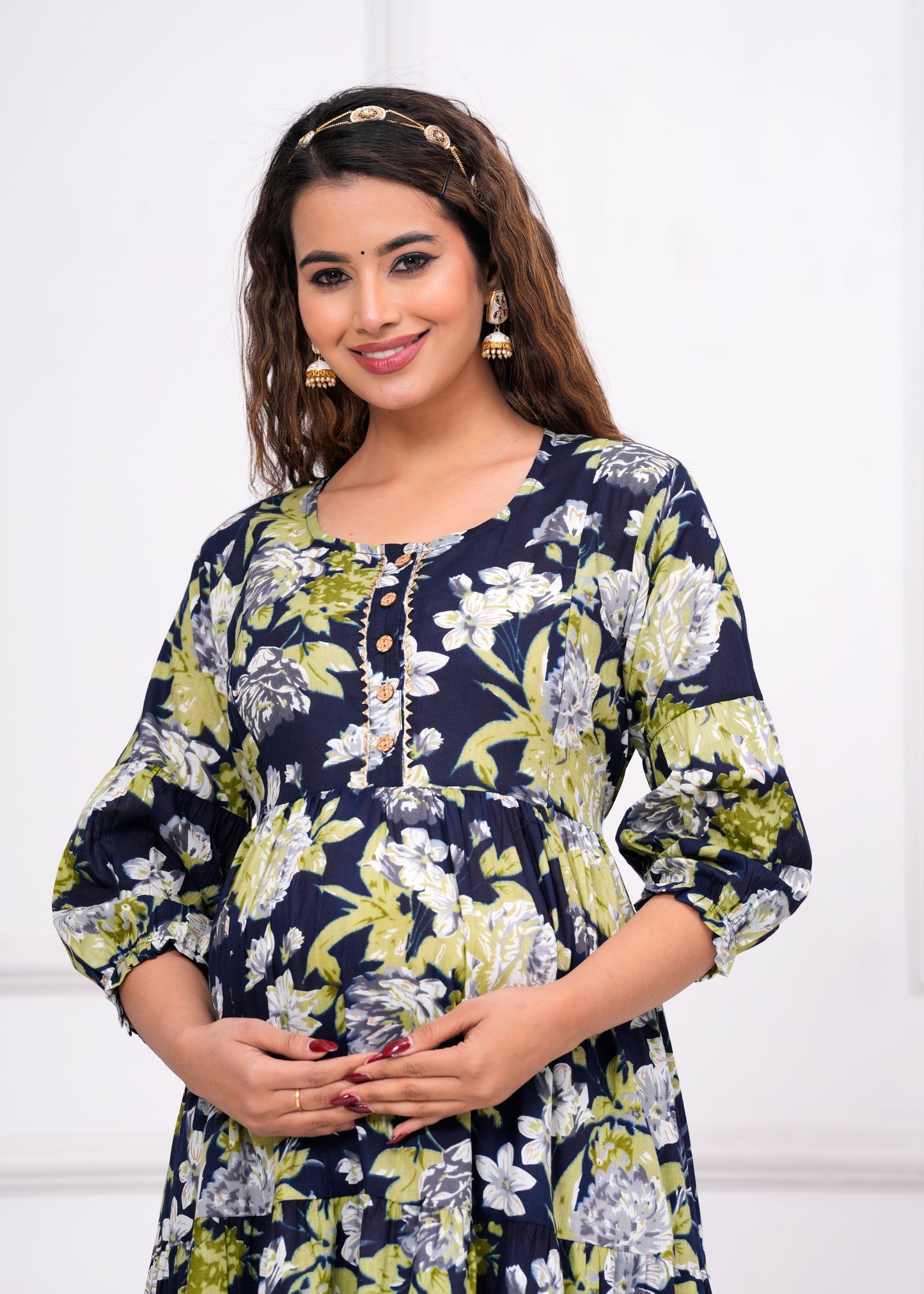 Ashvy Premium Cotton Anarkali Feeding & Maternity Kurti โ 48 Inch Length, 2 Side Zips All-Day Comfort for Moms (Dark Blue with Green)