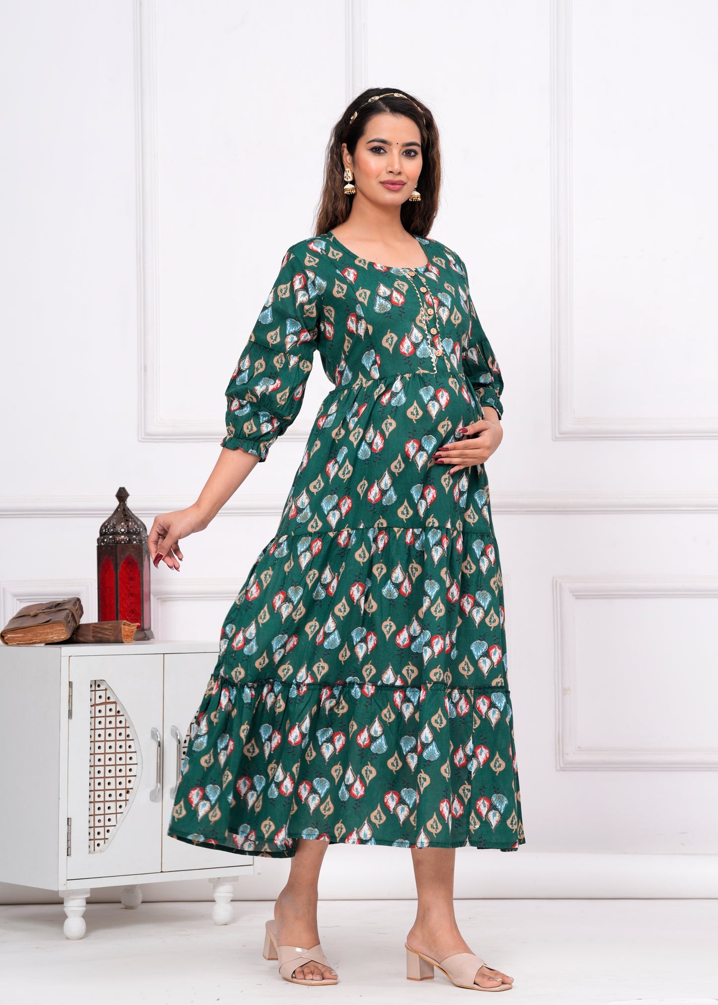 Ashvy Premium Cotton Anarkali Feeding & Maternity Kurti โ 48 Inch Length, 2 Side Zips All-Day Comfort for Moms (Green)