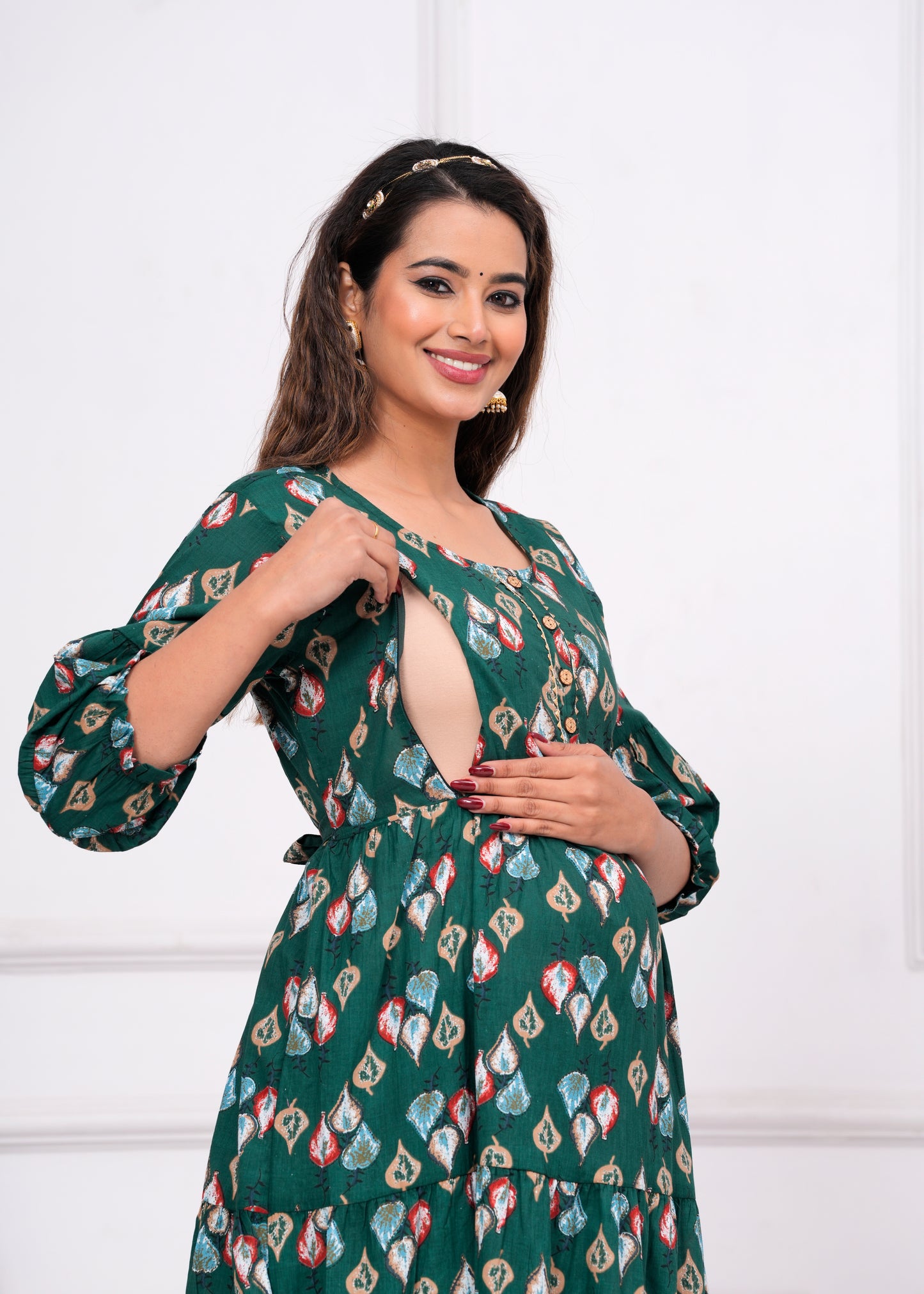 Ashvy Premium Cotton Anarkali Feeding & Maternity Kurti โ 48 Inch Length, 2 Side Zips All-Day Comfort for Moms (Green)
