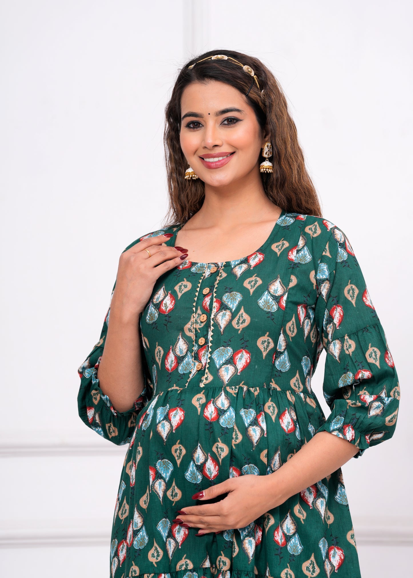 Ashvy Premium Cotton Anarkali Feeding & Maternity Kurti โ 48 Inch Length, 2 Side Zips All-Day Comfort for Moms (Green)