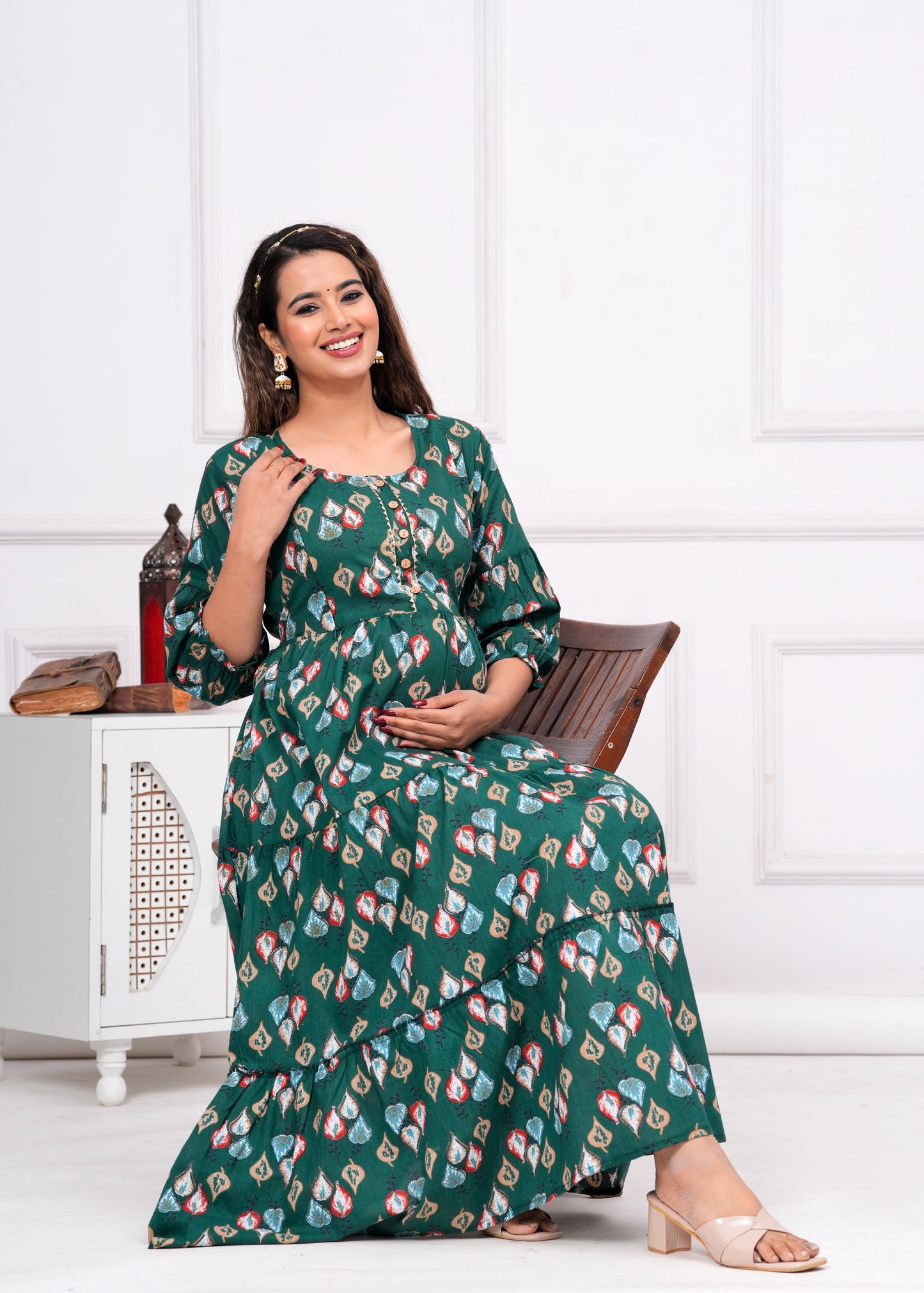 Ashvy Premium Cotton Anarkali Feeding & Maternity Kurti โ 48 Inch Length, 2 Side Zips All-Day Comfort for Moms (Green)