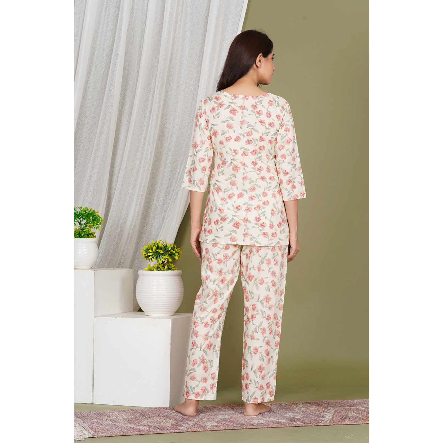 Ashvy Cotton 60-60 Long Top with Bottom Co-Ord Set – Classic Off-White Elegance