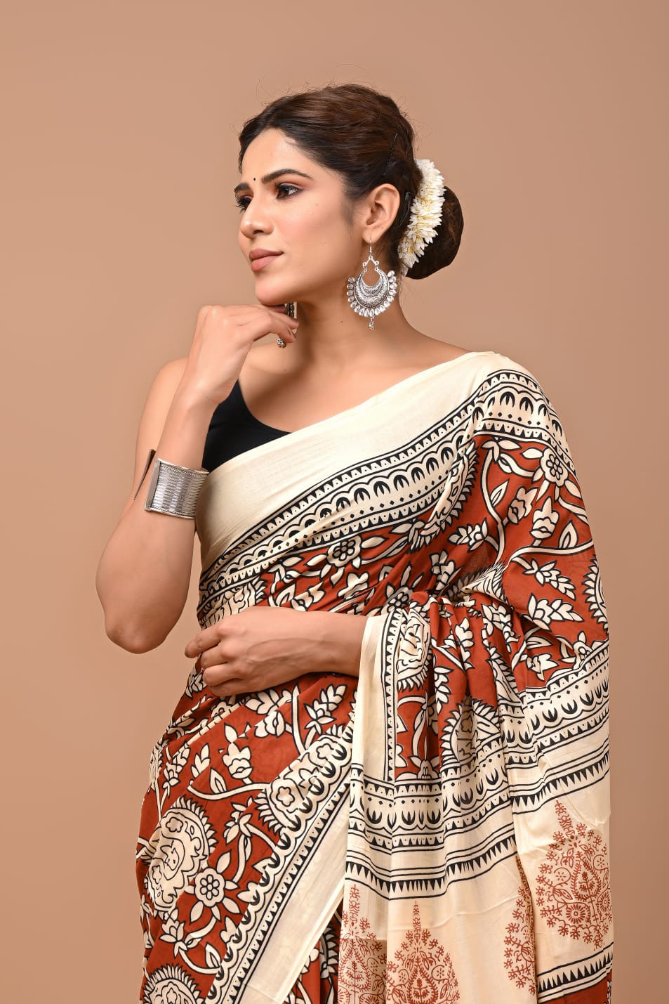 Ashvy India Bagru Block Print Very Soft Cotton mulmul Sarees (Brown)