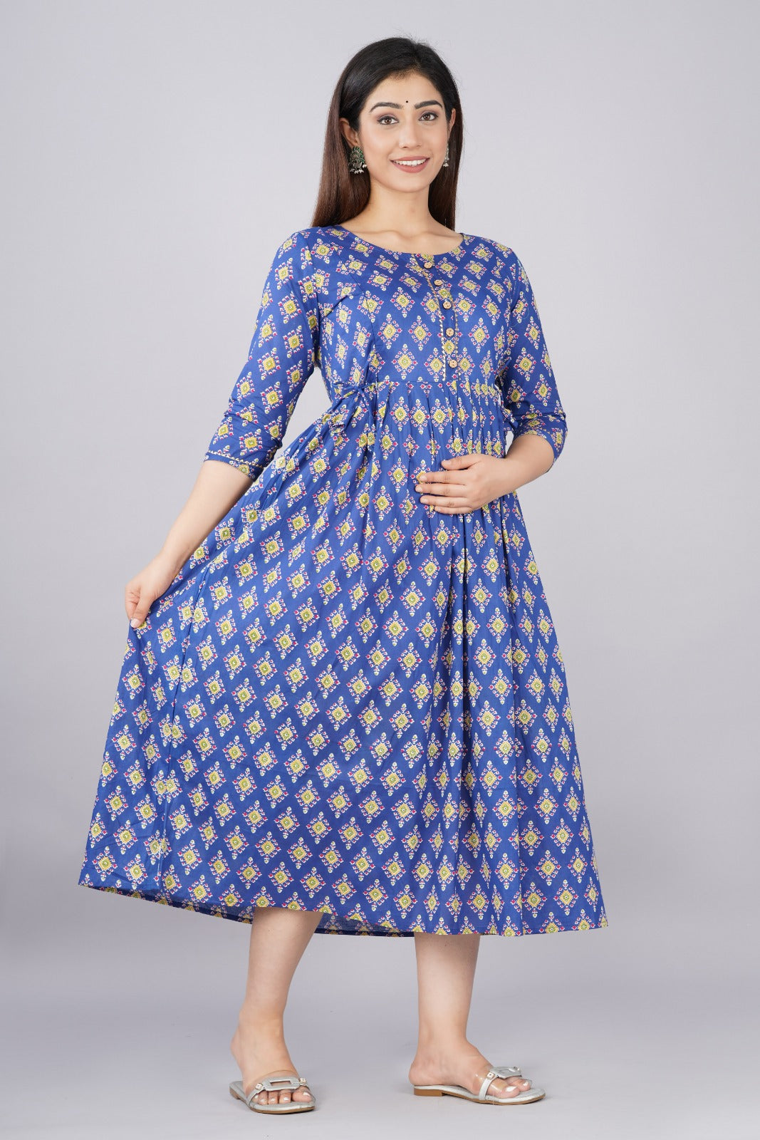 Ashvy Premium Cotton Anarkali Feeding & Maternity Kurti โ 48 Inch Length, 2 Side Zips All-Day Comfort for Moms Blue