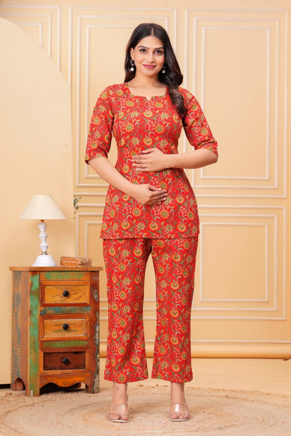 Ashvy Cotton Maternity And Nursing Co-Ord Set (Red Flower)