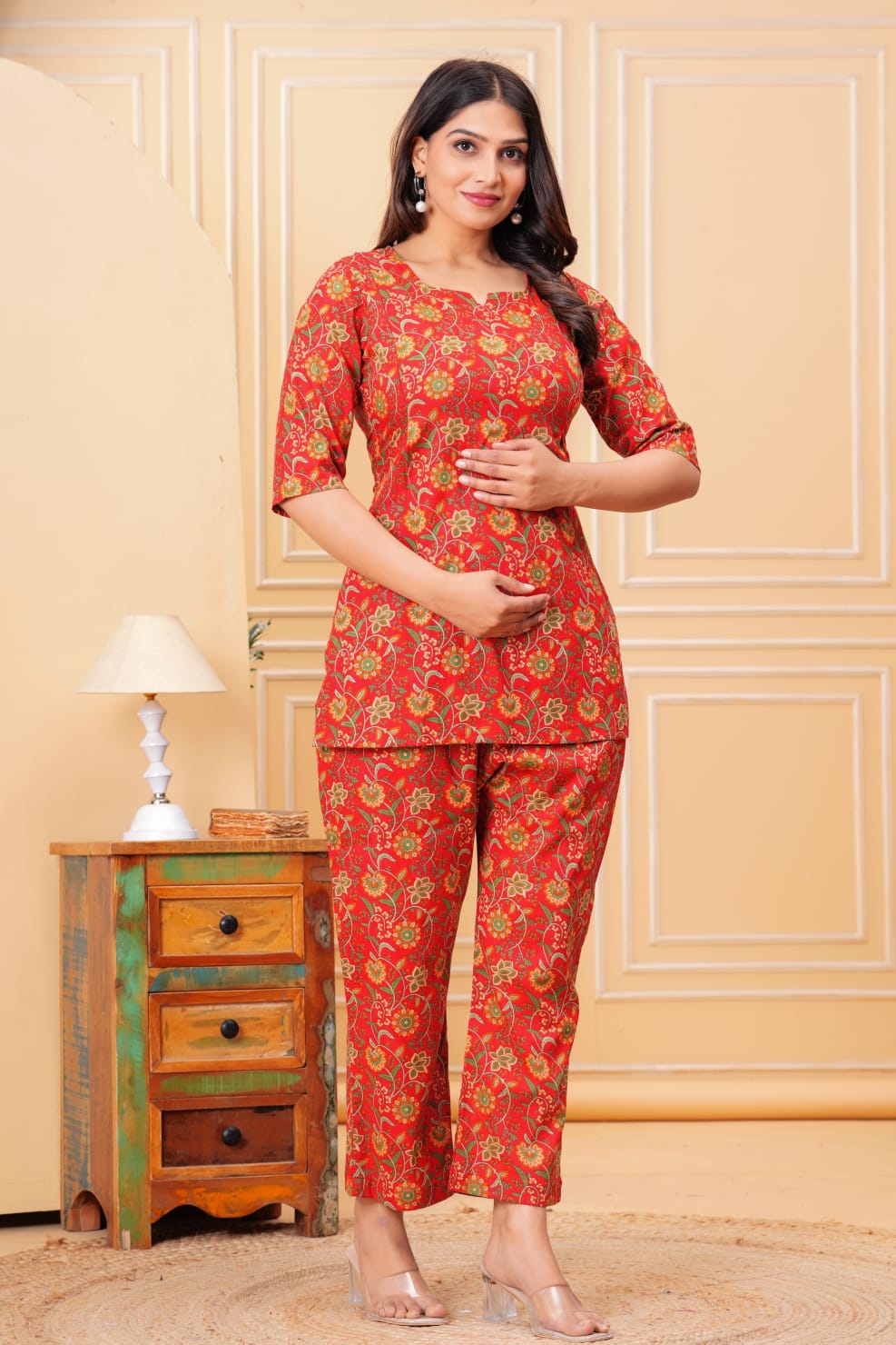 Ashvy Cotton Maternity And Nursing Co-Ord Set (Red Flower)