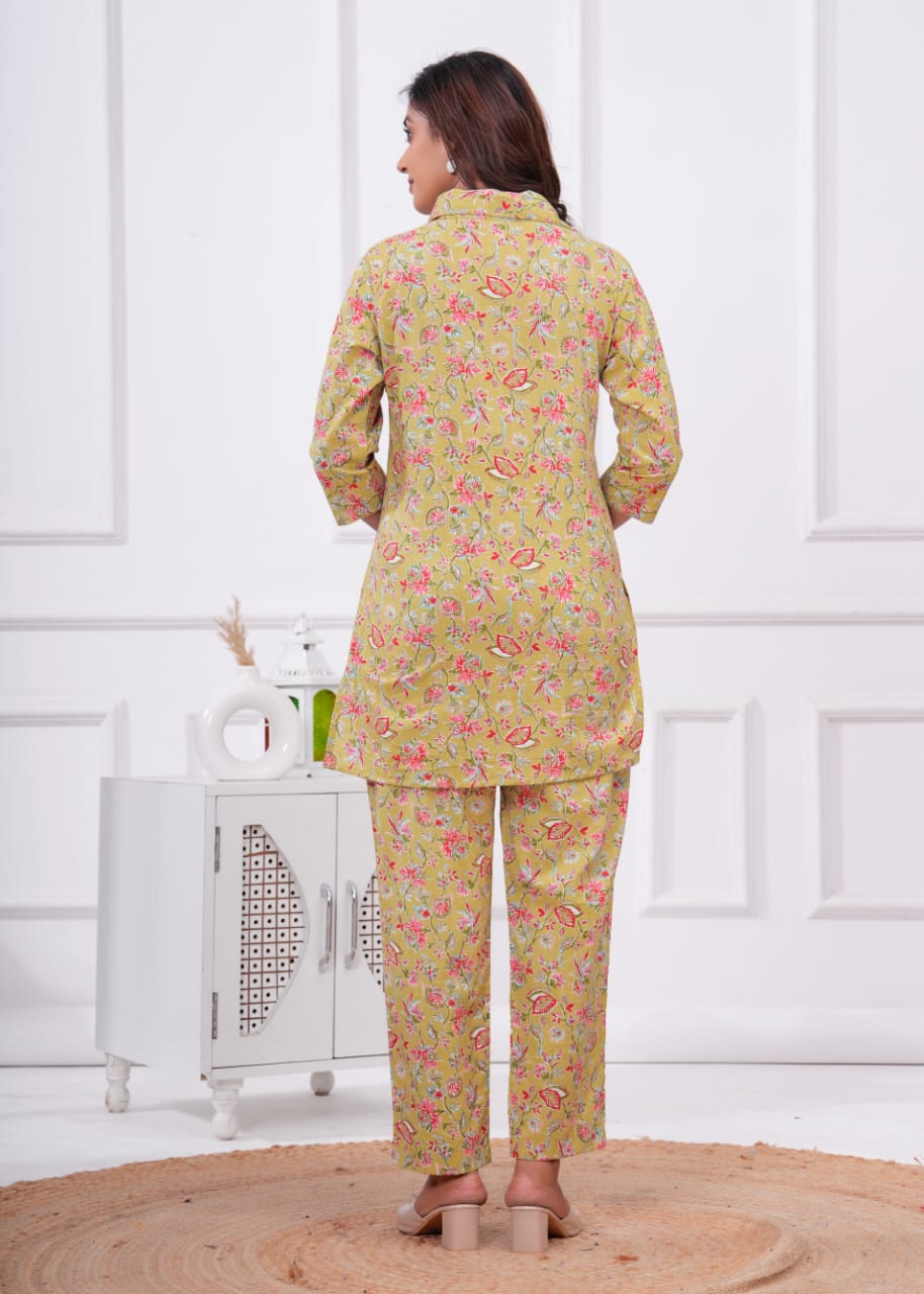 Ashvy Cotton 60-60 Long Top with Bottom Co-Ord Set – Light Green