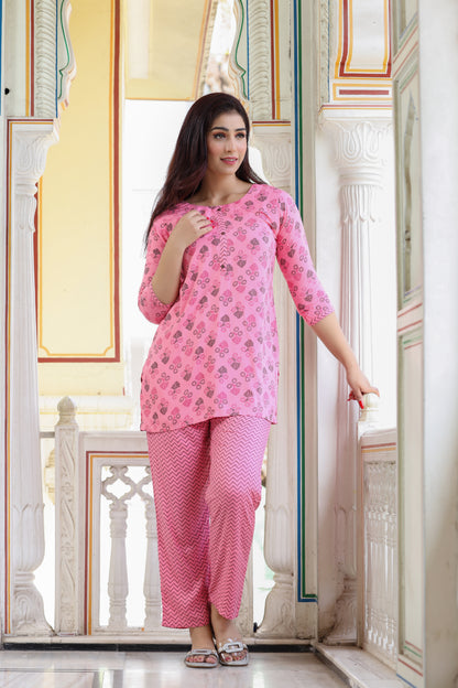 Ashvy Cotton Night Suit Set of Kurti & Pyjama (Pink)