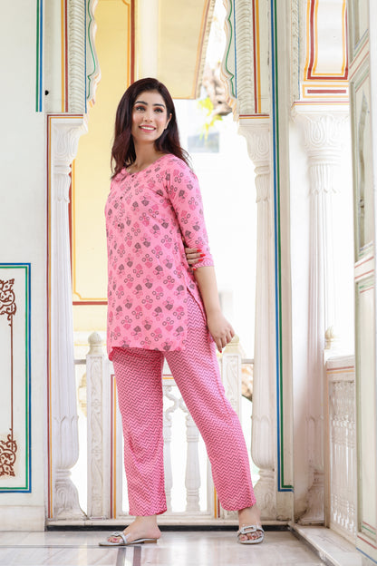 Ashvy Cotton Night Suit Set of Kurti & Pyjama (Pink)