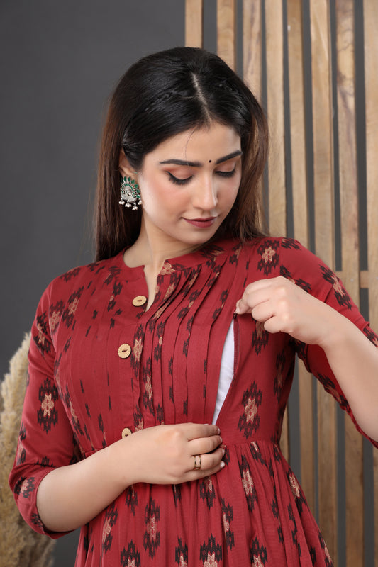 Ashvy Premium Quality Cotton Maternity Cum Feeding kurti (Maroon)