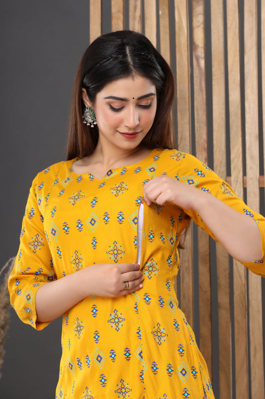 Ashvy Maternity Feeding Straight Kurti (Yellow)