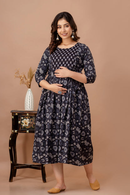 Stylish Simplicity: Ashvy Leaf Print Cotton Maternity Feeding Kurti(Black)(TUL001)