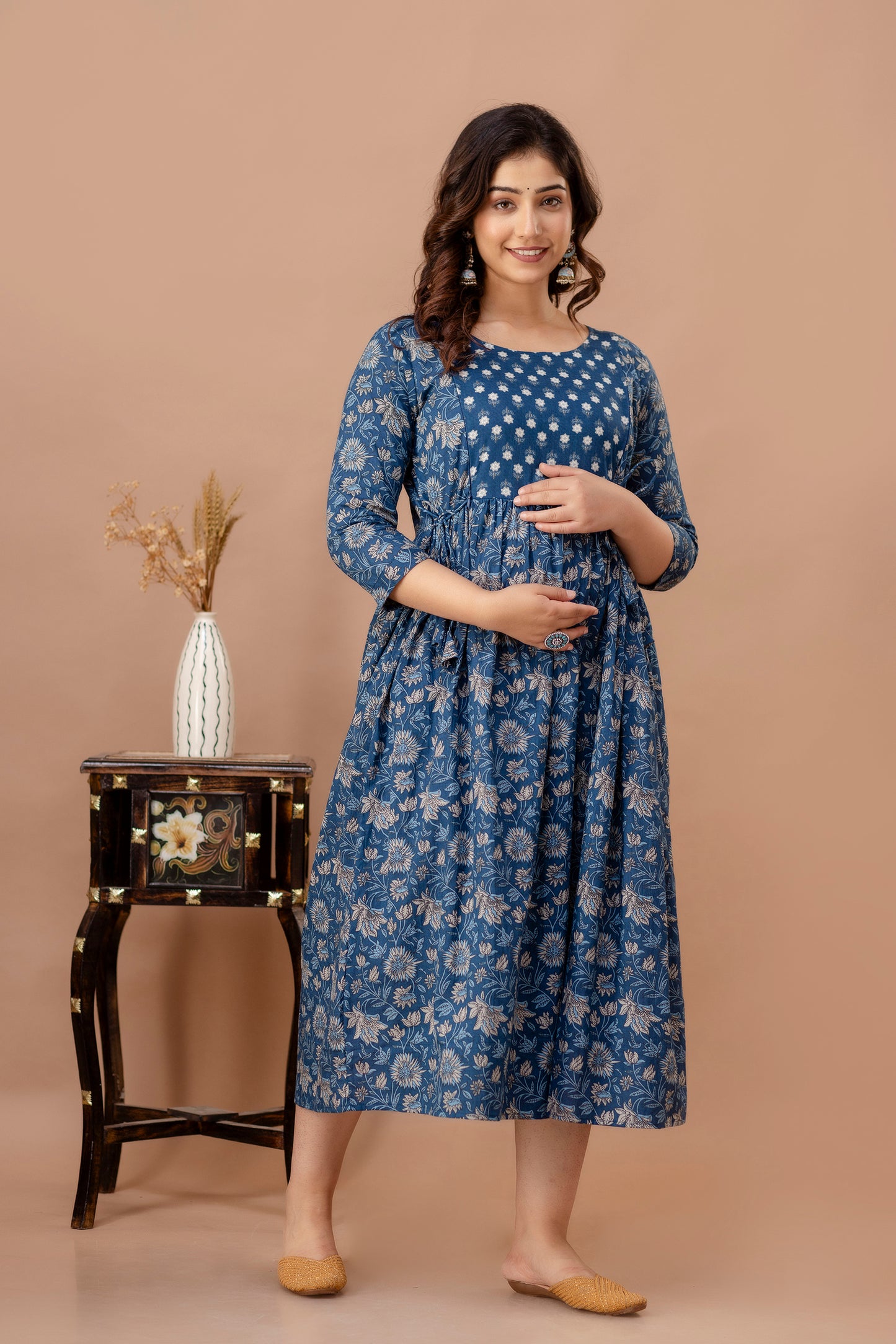 Stylish Simplicity: Ashvy Leaf Print Cotton Maternity Feeding Kurti(Blue)(TUL01)