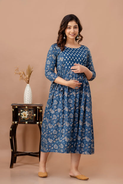 Stylish Simplicity: Ashvy Leaf Print Cotton Maternity Feeding Kurti(Blue)(TUL01)