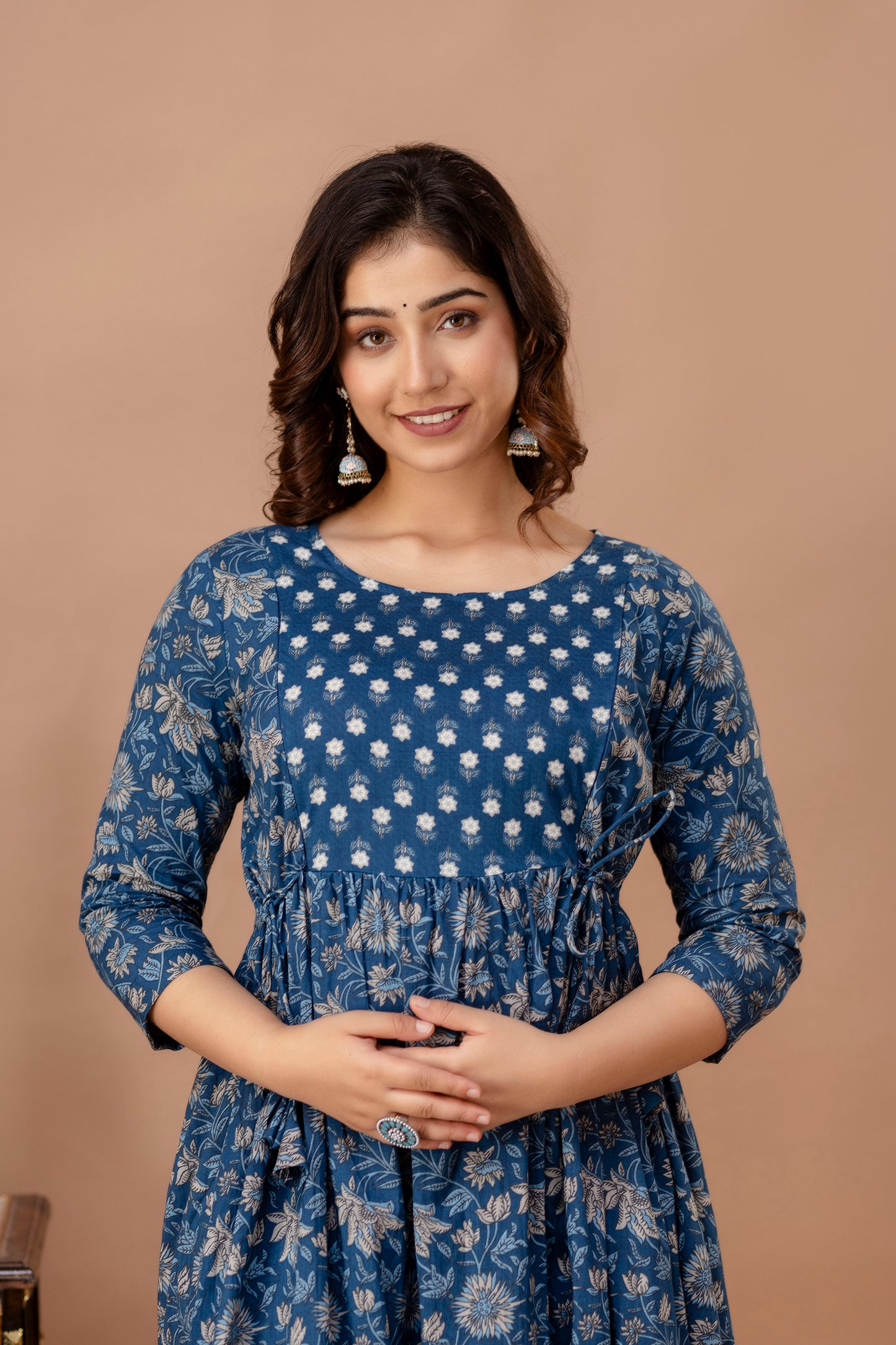 Stylish Simplicity: Ashvy Leaf Print Cotton Maternity Feeding Kurti(Blue)(TUL01)