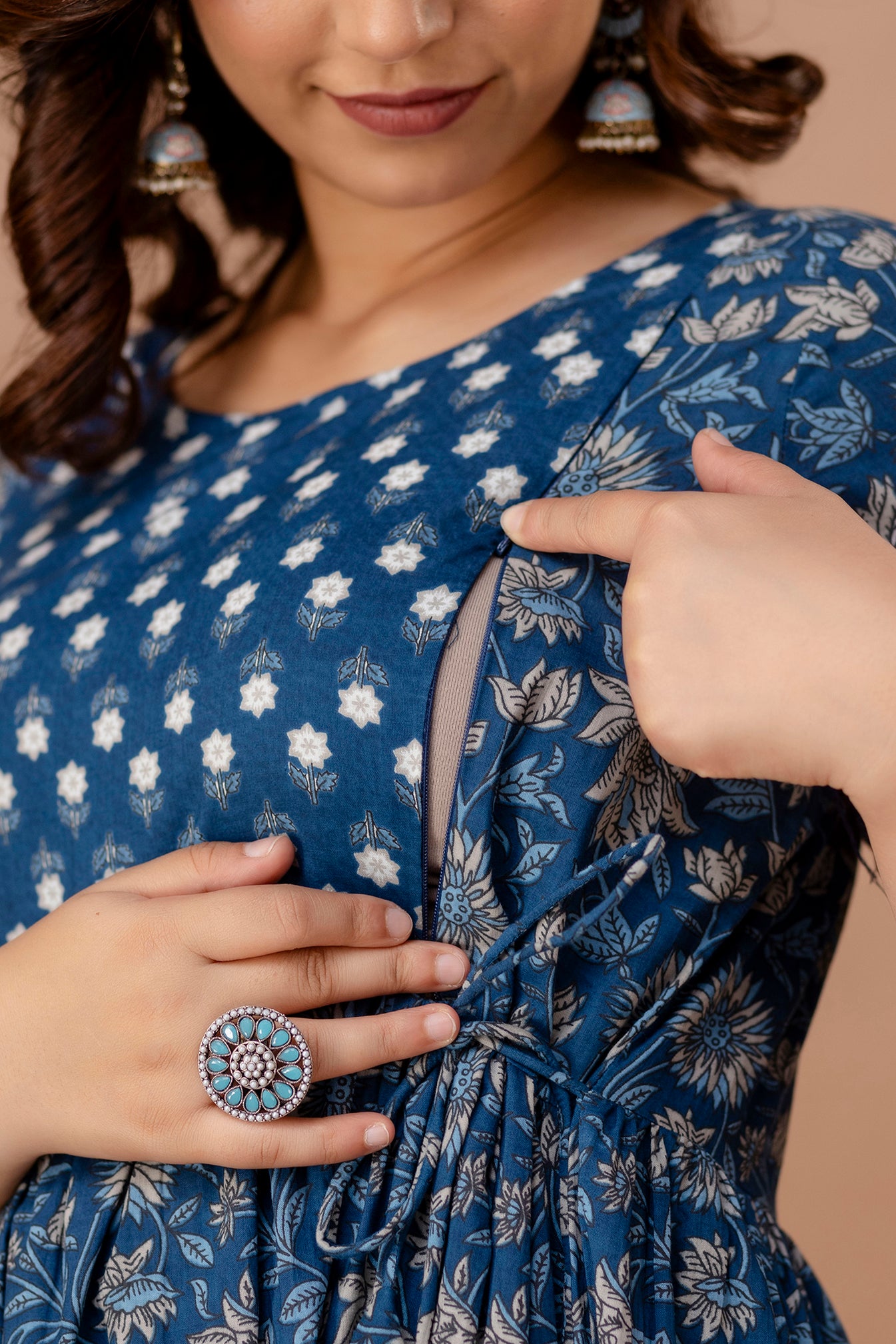 Stylish Simplicity: Ashvy Leaf Print Cotton Maternity Feeding Kurti(Blue)(TUL01)