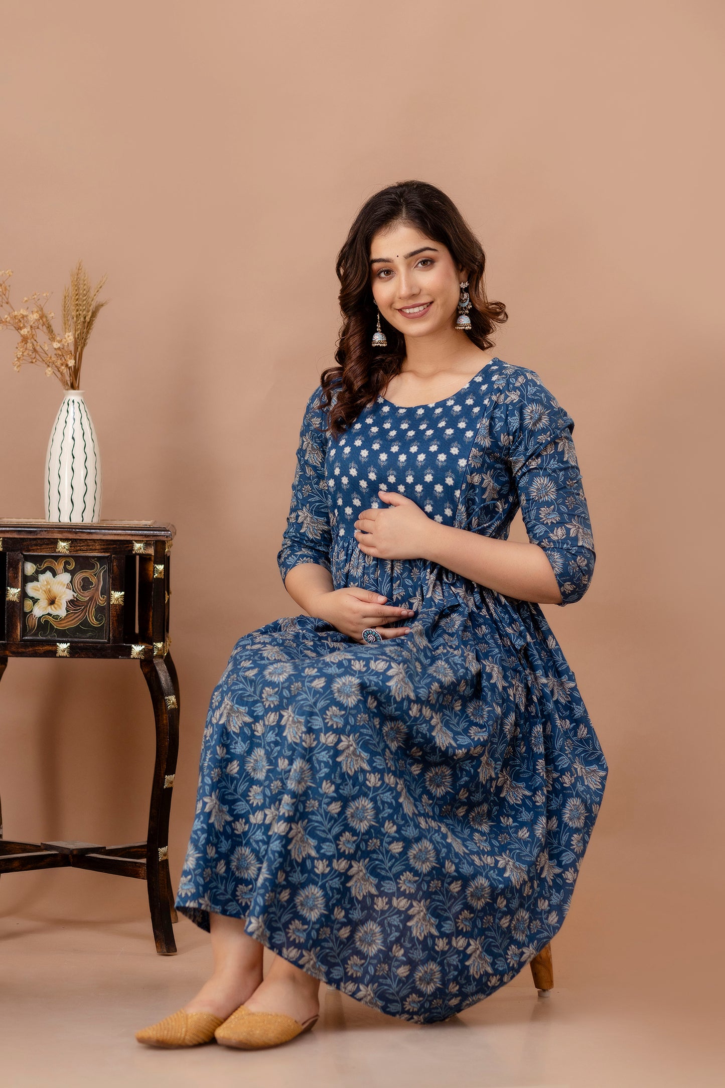 Stylish Simplicity: Ashvy Leaf Print Cotton Maternity Feeding Kurti(Blue)(TUL01)