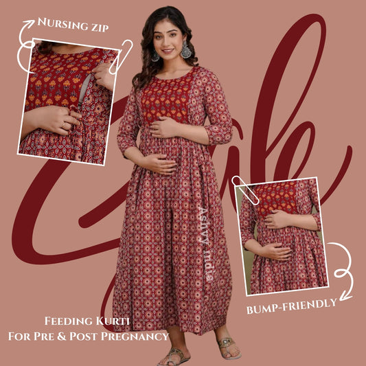 Versatile Comfort: Ashvy Women's Maternity Cum Feeding Gown Kurtis (Red)(TUL001)