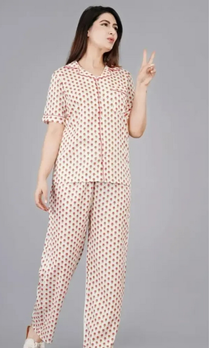 Rayon Printed Night Shirt Pajama Set For Women/Night Suit Set(Off White)