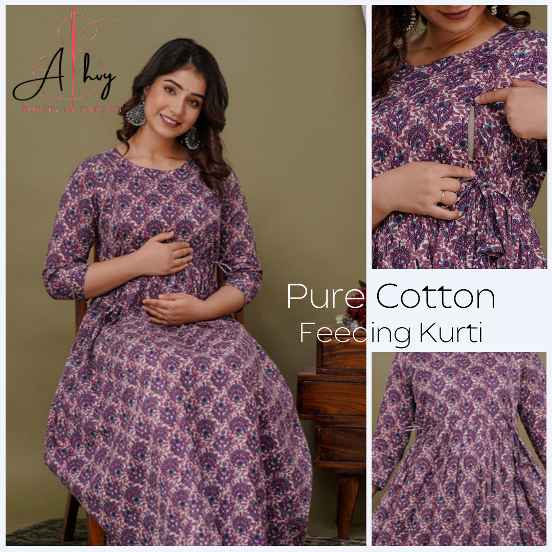 Versatile Comfort: Ashvy Women's Maternity Cum Feeding Gown Kurtis (Purple)(TUL001)