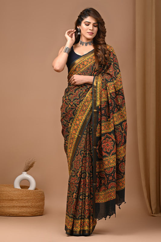 Ashvy Exclusive Hand Block Printed Viscose Blend Assam Silk Saree with Cotton Silk Finish