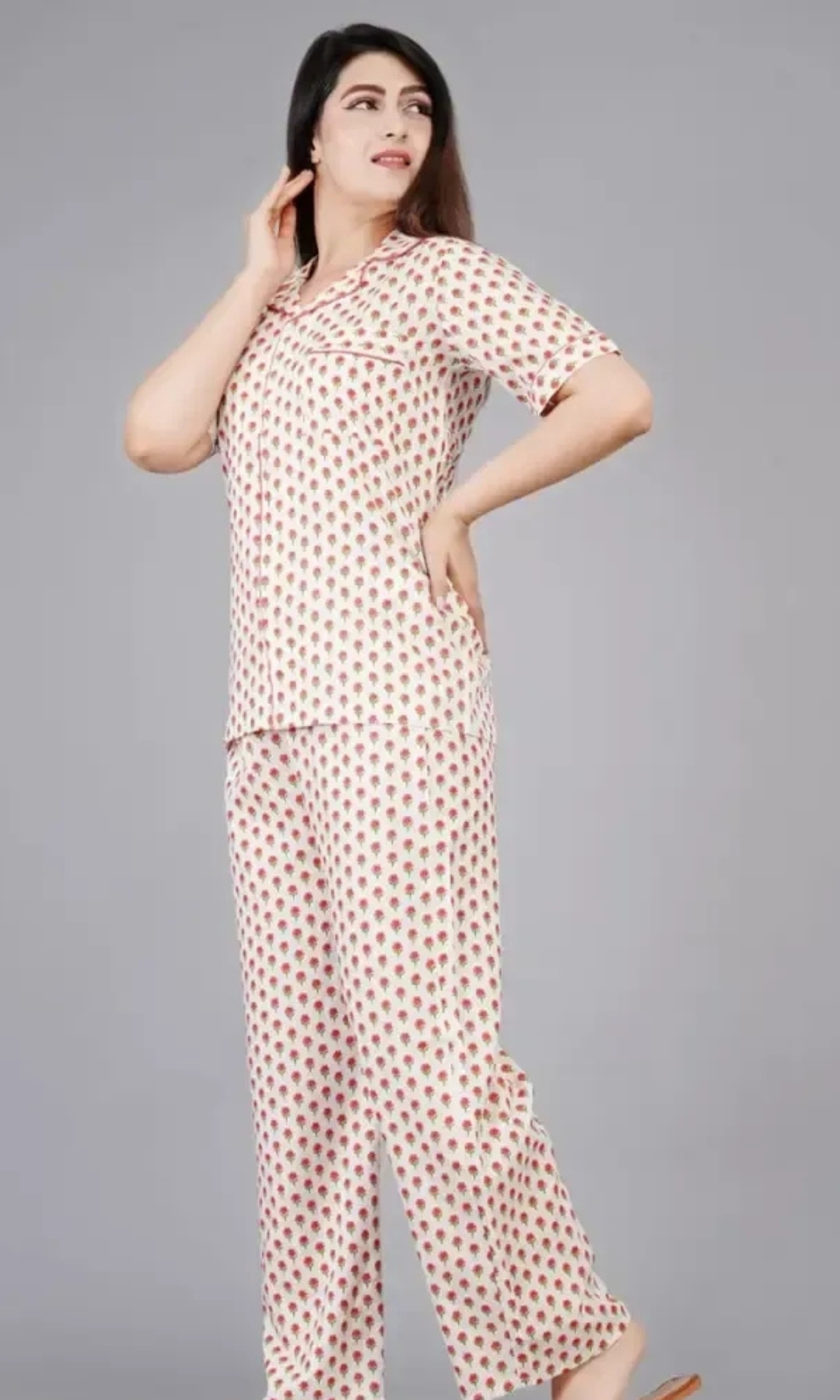 Rayon Printed Night Shirt Pajama Set For Women/Night Suit Set(Off White)