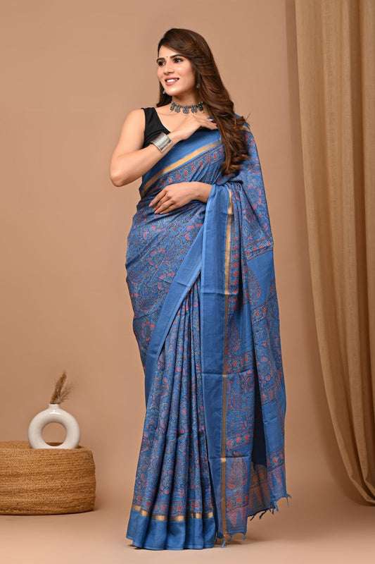 Ashvy Exclusive Hand Block Printed Viscose Blend Assam Silk Saree with Cotton Silk Finish