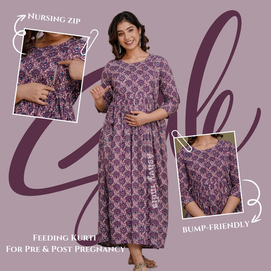 Versatile Comfort: Ashvy Women's Maternity Cum Feeding Gown Kurtis (Purple)(TUL001)