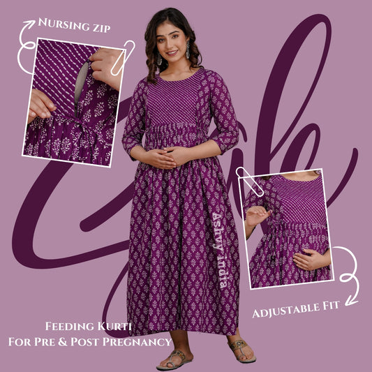 Versatile Comfort: Ashvy Women's Maternity Cum Feeding Gown Kurtis (Purple)(TUL001)